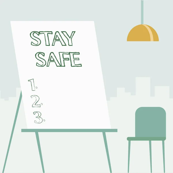Sign displaying Stay Safe. Business showcase secure from threat of danger, harm or place to keep articles Empty Portrait Artwork Design With Skyscrapers Behind Showing Art Subject. — Foto Stock
