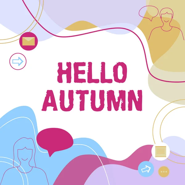 Text caption presenting Hello Autumn. Internet Concept that weather begins to get colder and trees shed their leaves Illustration Couple Speaking In Chat Cloud Exchanging Messages. — стокове фото