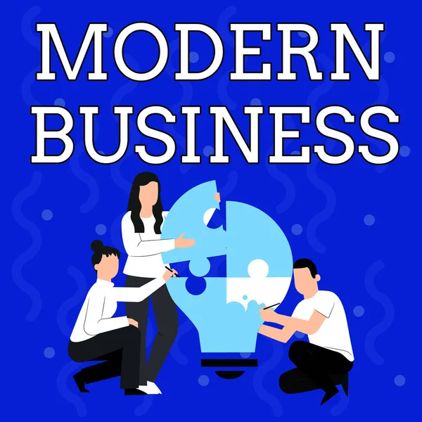 コンセプト表示｜Modern Business。新しく導入された概念に組み込まれた最近のビジネスに書かれた言葉従業員の図面は、お互いを助ける電球ジグソーパズル. — ストック写真