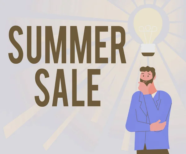 Handwriting text Summer Sale. Word for a special type of discount to merchandise imposed during summer Illustration Of A Man Standing Coming Up With New Amazing Ideas. — Fotografia de Stock
