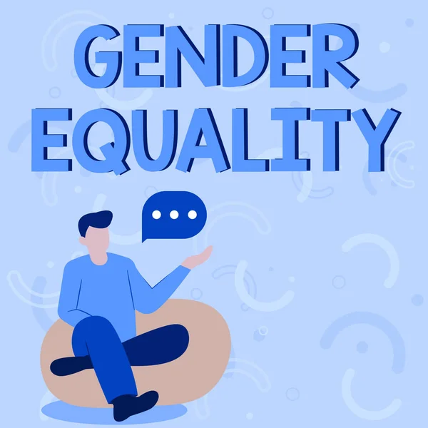 Assinar exibindo Igualdade de Gênero. Conceito de negócio acesso ao mesmo privilégio dado a homens e mulheres Ilustração de empresário sentado em cadeira de sofá macio. — Fotografia de Stock