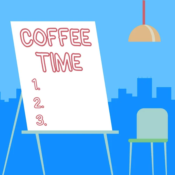 Szöveges kávé-idő megjelenítése. Koncepció egy olyan időszak, amikor egy csésze kávét szolgálnak fel és isznak Üres portré Artwork Design felhőkarcolók mögött Mutató Art Tárgy. — Stock Fotó