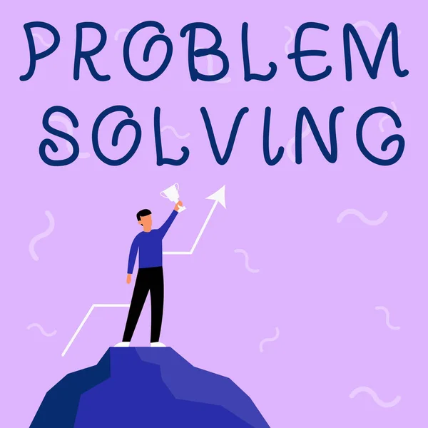 Text caption presenting Problem Solving. Business concept having a good capability of finding a solution to an issue Businessman Drawing Standing On Big Rock Proudly Holding Trophy. — Stockfoto