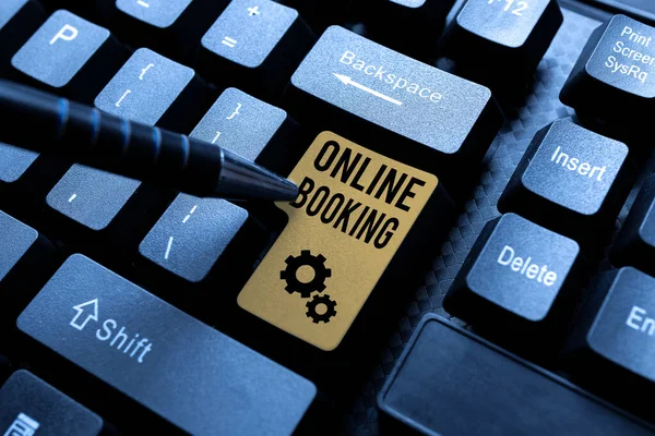 Conceptual caption Online Booking. Business idea allows consumers to reserve for activity through the website Typing Online Tourist Guidebook, Searching Internet Ideas And Designs — Stockfoto