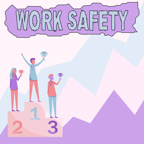 Text sign showing Work Safety. Internet Concept preventive measures applied by firms to protect workers health Three Competitors Standing On Podium Holding Trophies Celebrating Victory. — Fotografia de Stock
