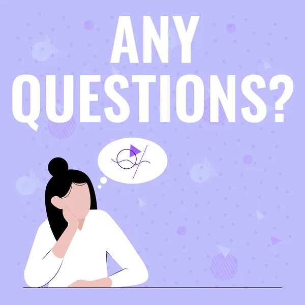 Inspiration showing sign Any Questions Question. Word Written on Allowing any interrogative statement from a group of Illustration Of Lady Thinking Deeply Alone For New Amazing Tactical Ideas. — Stockfoto