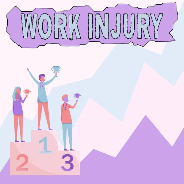 Inspiration showing sign Work Injury. Conceptual photo an accident occurred as a result of labor resulting to an damage Three Competitors Standing On Podium Holding Trophies Celebrating Victory. — Stock Photo, Image