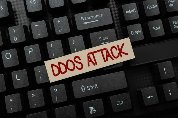 Inspiration montrant signe Ddos Attaque. Word pour un accès perturbé au serveur normal causé par un système malveillant Créer un commentaire sur les médias sociaux Message, Taper des questions et réponses amusantes — Photo