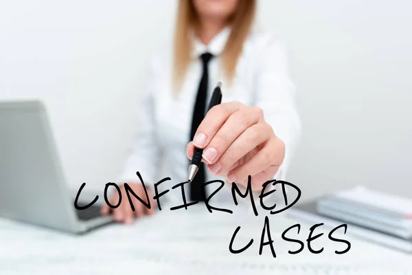 Text sign showing Confirmed Cases. Conceptual photo set of circumstances or conditions requiring action Teaching New Ideas And Designs, Abstract Professor Giving Lectures — Fotografia de Stock