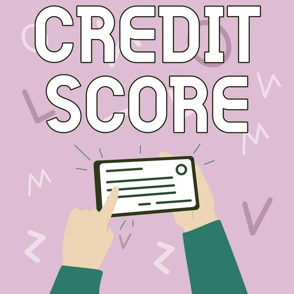 Writing displaying text Credit Score. Business showcase numerical expression that indicates a person s is creditworthiness Illustration Of Hand Holding Important Identification Card Pointing It. — стоковое фото