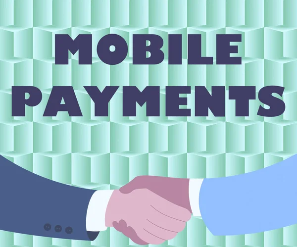 Χειρόγραφο σήμα Mobile Πληρωμές. Επιχειρηματική προσέγγιση χρηματοοικονομική συναλλαγή που υποβάλλονται σε επεξεργασία μέσω ενός smartphone Δύο άνδρες σχέδιο με φόντο χαρτί Shake Hands Παρουσιάζοντας Συμφωνία — Φωτογραφία Αρχείου