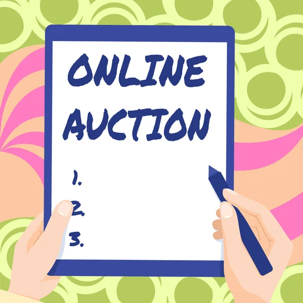 Writing displaying text Online Auction. Word for digitized sale event which item is sold to the highest bidder Drawing Of Both Hands Holding Tablet Lightly Presenting Wonderful Ideas — Fotografia de Stock