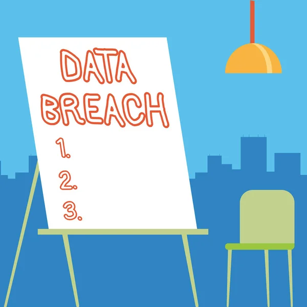 Sign displaying Data Breach. Concept meaning unauthorized release of confidential and secured details Empty Portrait Artwork Design With Skyscrapers Behind Showing Art Subject. — Fotografia de Stock