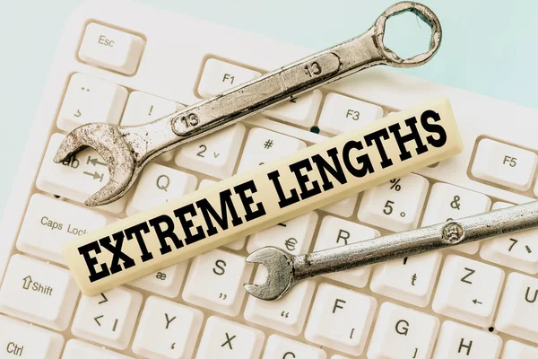 Text caption presenting Extreme Lengths. Conceptual photo Make a great or extreme effort to do something better Abstract Typing New Antivirus Program, Typing Internet Virus Lists — Stock Photo, Image