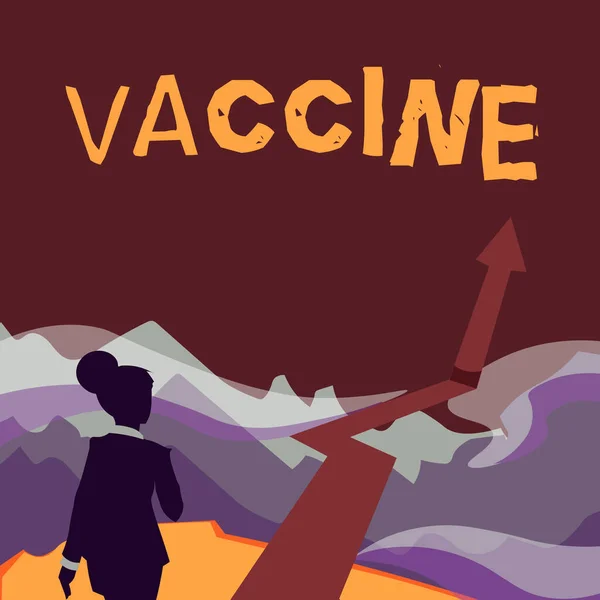 Sign displaying Vaccine. Business approach preparation of killed microorganisms or living attenuated organisms Lady Walking Towards Mountains With An Arrow Marking Success — Stockfoto