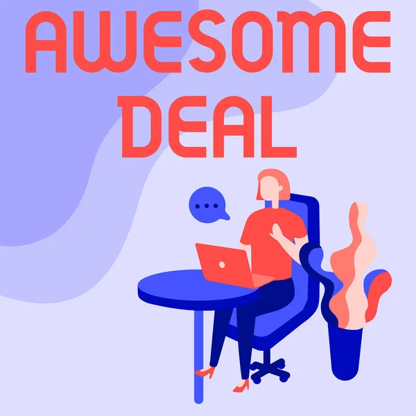 Inspiration showing sign Awesome Deal. Internet Concept impressive agreement given to other party for mutual benefit Woman Sitting Office Desk Using Laptop With Speech Bubble Beside Plant. — Foto Stock