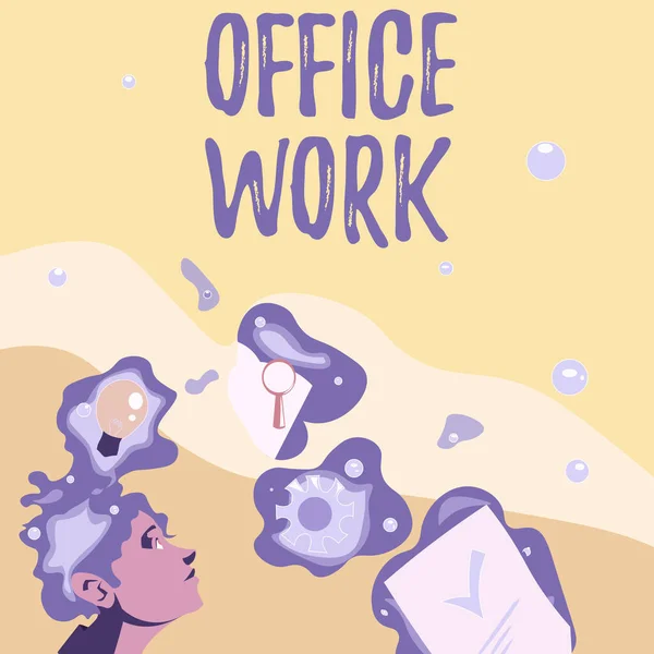 Handskriftsskylt Office Work. Begreppet betyder ett arbete som i första hand sker i kontorsmiljö Illustration av en man stående kommer upp med nya fantastiska idéer — Stockfoto