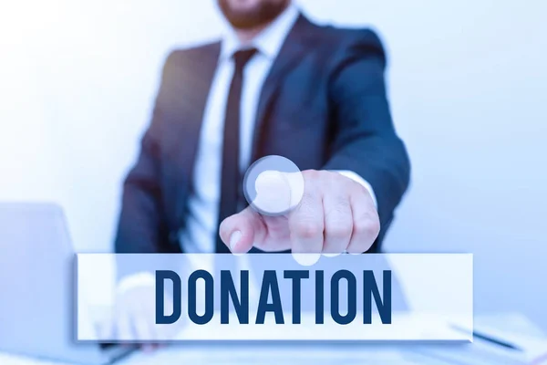 Text showing inspiration Donation. Business concept something that is given to a charity, especially a sum of money Remote Office Work Online Presenting Communication Technology — Fotografia de Stock