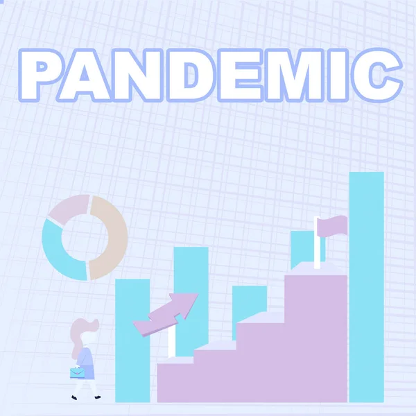 Writing displaying text Pandemic. Word Written on occurring over a wide area affecting high proportion of population Business Woman Walking Towards Large Graph Showing Performance — Stock Photo, Image