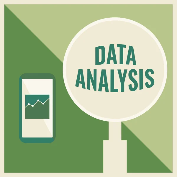 Writing displaying text Data Analysis. Business approach Business intelligence and analytics with a new startup project discussion Illustration Of Active Smartphone Beside A Large Magnifying Glass. — 图库照片
