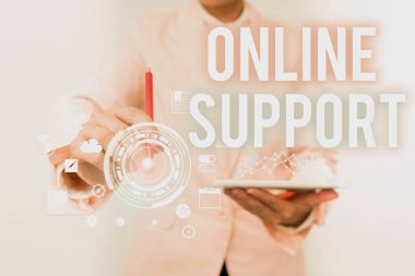 El yazısı metin Çevrimiçi Desteği. Konsept, müşterilere şikayetleri için yardımcı olmak anlamına geliyor Sanal Ekran Arayüzünde Dijital Veriye Dokunan İş Kadınları.