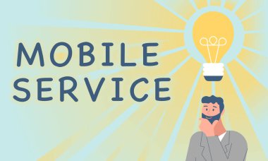 El yazısı cep telefonu servisi. Mobil ve arazi istasyonları arasındaki kavramsal fotoğraf radyo iletişim aracı Yeni Harika Fikirlerle Gelen Bir Adam ResmiComment.