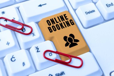 Çevrimiçi Rezervasyon Kavramsal Görünüm. Rezervasyon anlamına gelen kavram internet otel konaklama uçak bileti yazma ilginç çevrimiçi konular, daktilo duyuruları