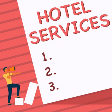 Otel Hizmetleri kavramsal gösterim. İnternet Kavrama Tesisleri Konaklama ve Kalacak Konaklama Konutu Adam Bekleyen Tutucu Megafonu Boş Duvarı Gösteriyor.