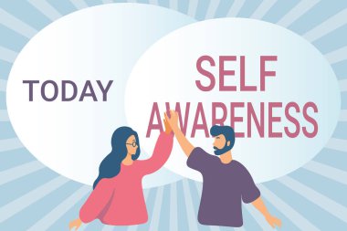 Metin Özfarkındalığı gösterimi yazılıyor. İş fikri bir kişinin bir duruma karşı bilinçlenmesi ya da gerçekleşmesi Mutlu Meslektaşlar Çizimi Birbirinize Beşlik Ediyor.