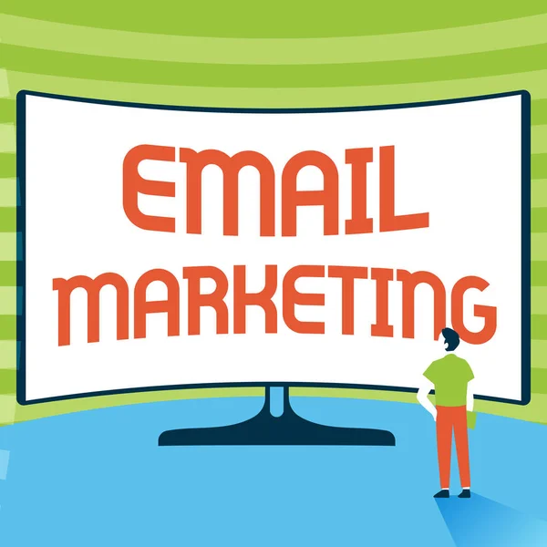 Writing displaying text Email Marketing. Business concept Sending a commercial message to a group of showing using mail Man Standing Illustration Standing Infront Of Huge Display Screen. — 图库照片