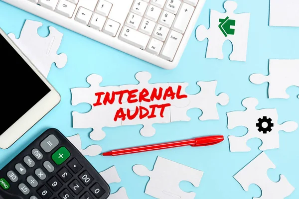 Sign displaying Internal Audit. Concept meaning Evaluates the effectiveness of the controls and processes Building An Unfinished White Jigsaw Pattern Puzzle With Missing Last Piece — Foto Stock