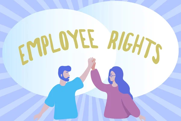 Szöveges megjelenítés Munkavállalói jogok. Üzleti koncepció Minden alkalmazottnak alapvető jogai vannak a saját munkahelyén Boldog Munkatársak Illusztráció Adjunk egymásnak pacsit. — Stock Fotó