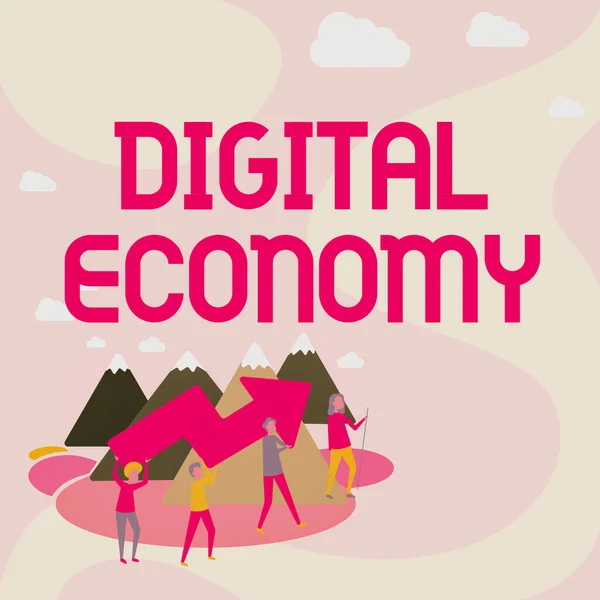 Text showing inspiration Digital Economy. Conceptual photo worldwide network of economic activities and technologies Four Colleagues Illustration Climbing Mountain Holding Large Arrow. — Foto Stock