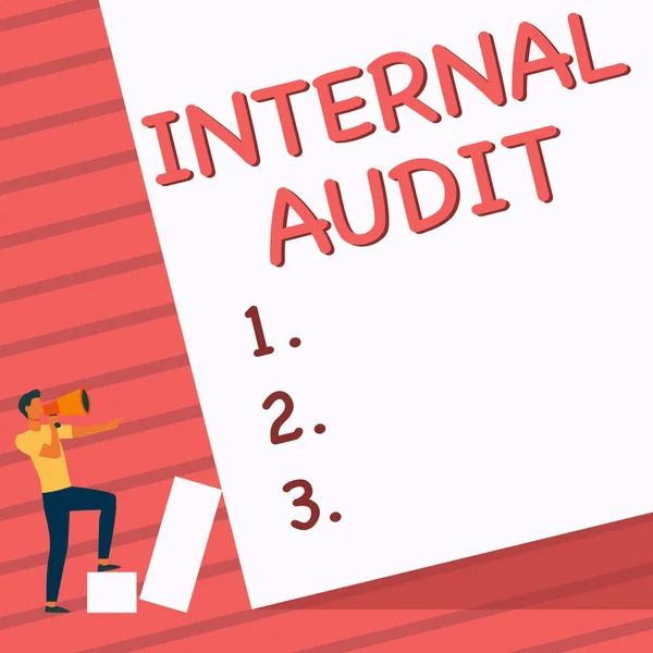 Inspiration showing sign Internal Audit. Word Written on Evaluates the effectiveness of the controls and processes Man Standing Drawing Holding Megaphone Pointing Blank Wall. — Foto Stock