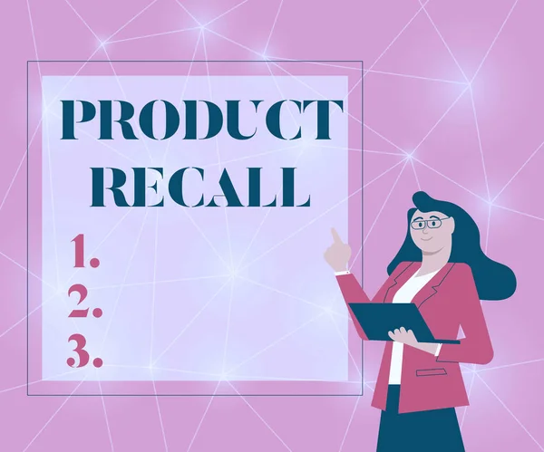 Skriva visning av texten Product Recall. Affärsidé Begäran från ett företag att returnera produkten på grund av något problem Illustration av affärskvinna Stående Holding Her Laptop Presentera idéer. — Stockfoto