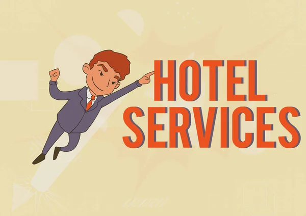 Szöveges felirat a Hotel Services-ről. Üzleti koncepció Felszereltség Szállás és vendégház felszereltsége Férfi rajz egyenletes állóképpel Felfelé mutató vezetés megjelenítése. — Stock Fotó