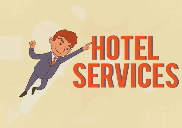 Tekst bijschrift presenteren Hotel Services. Zakelijk concept Faciliteiten Voorzieningen van een accommodatie en onderdak Man Tekenend in Uniform Staande Wijzende Opwaartse Weergave Leiderschap. — Stockfoto