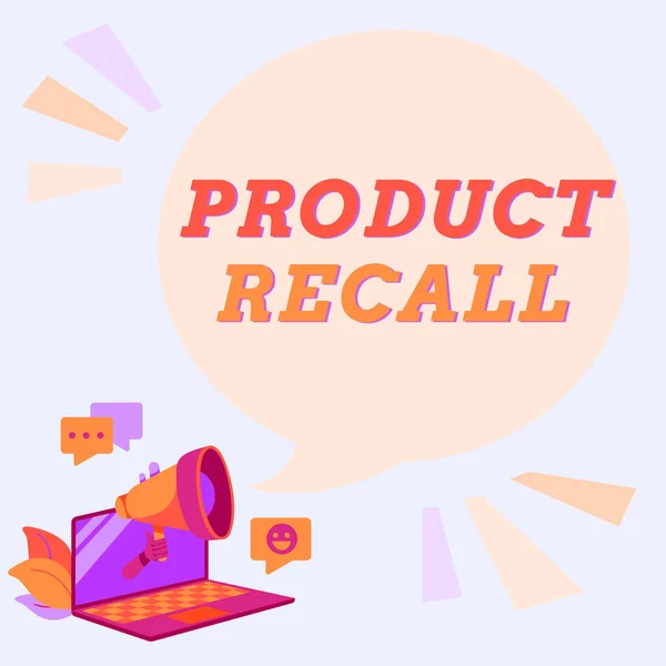 Inspiration showing sign Product Recall. Concept meaning Request by a company to return the product due to some issue Laptop Drawing Sharing Comments And Reactions At Chat Cloud Over Megaphone. — Fotografia de Stock