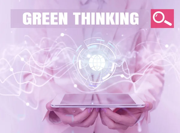 Text caption presenting Green Thinking. Concept meaning Taking ction to make environmental responsibility a reality Lady In Uniform Using Futuristic Mobile Holographic Display Screen. — 图库照片