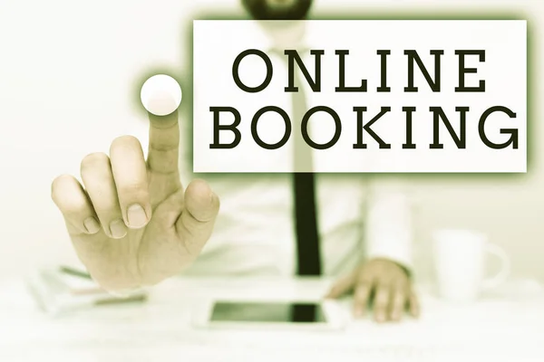 Text sign showing Online Booking. Word for Reservation through internet Hotel accommodation Plane ticket Presenting Communication Technology Smartphone Voice And Video Calling — 图库照片