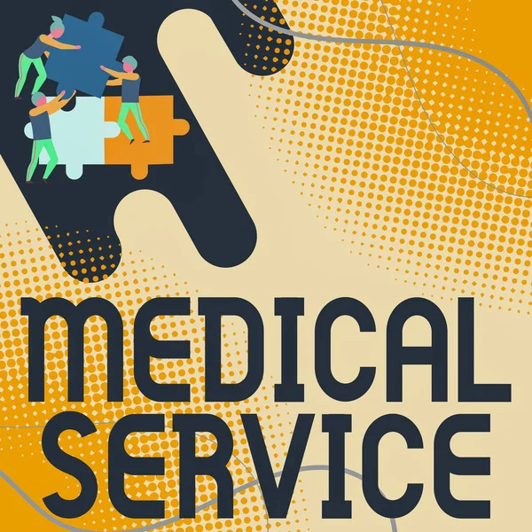 Text showing inspiration Medical Service. Business idea treat illnesses and injuries that require medical response Team Holding Jigsaw Pieces Helping Each Others To Solve The Problem. — Stockfoto