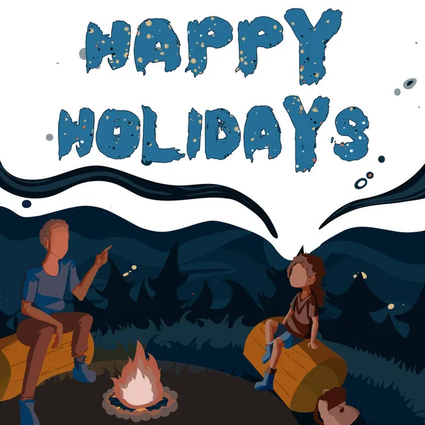 Text caption presenting Happy Holidays. Business approach observance of the Christmas spirit lasting for a week Father And Daughter Sitting Next To Campfire Enjoying Camping At The Park — Stockfoto