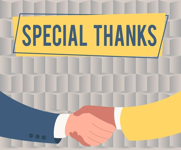 Text caption presenting Special Thanks. Concept meaning appreciating something or someone in a most unique way Two Men Drawing With Paper Background Shake Hands Presenting Agreement — Stockfoto