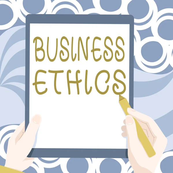 Writing displaying text Business Ethics. Internet Concept appropriate policies which govern how a business operates Drawing Of Both Hands Holding Tablet Lightly Presenting Wonderful Ideas — Stock Photo, Image
