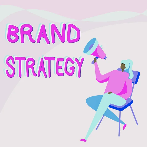 Text caption presenting Brand Strategy. Internet Concept longterm plan executed for the development of a good product Woman Drawing Holding Megaphone Sitting On A Chair Crossed Legs. — 图库照片