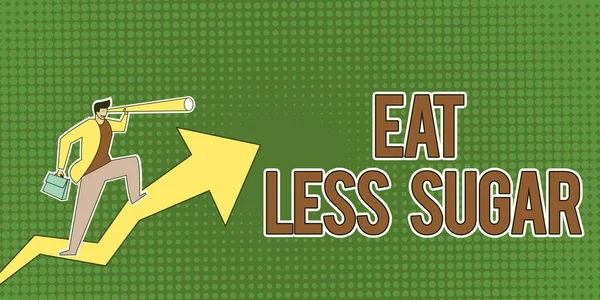概念表示以下の砂糖を食べる。概念的な写真は、砂糖摂取量を削減し、健康的な食事豊富な食品を食べる男は、ビジネスの成長を示すグラフ矢印を保持描画. — ストック写真