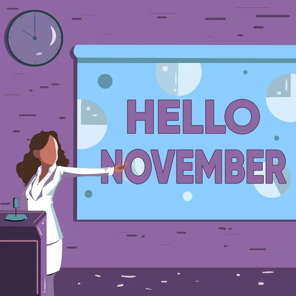 Handschriftteken Hallo November. Concept betekent begroeting gebruikt bij het verwelkomen van de elfde maand van het jaar Lady Drawing Standing Holding Projector Remote Control Presentatie Taartgrafieken — Stockfoto