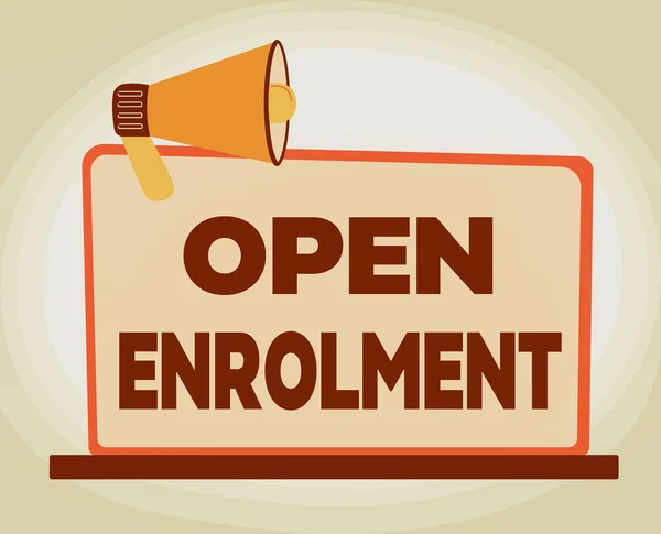 Inspiration showing sign Open Enrolment. Business showcase allows the application of health insurance within the period Illustration Of Megaphone On Blank Monitor Making Announcements. — Stockfoto