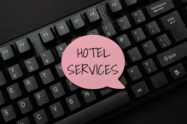 Text showing inspiration Hotel Services. Business overview Facilities Amenities of an accommodation and lodging house Typing Hospital Records And Reports, Creating New Ebook Reading Program — Stockfoto