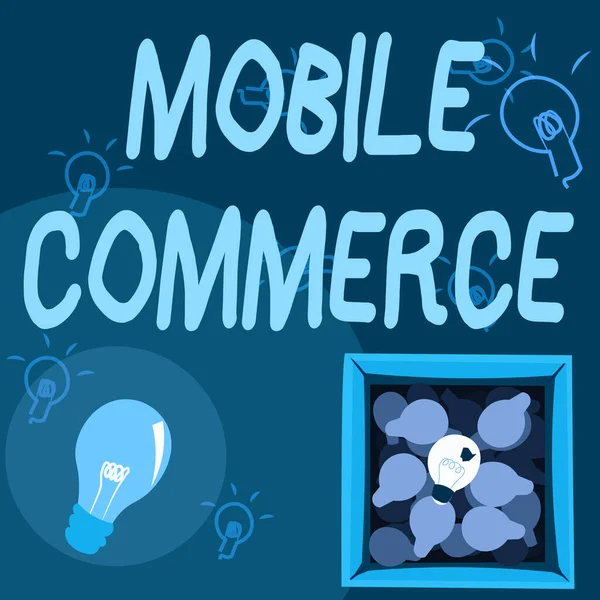 Inspiration showing sign Mobile Commerce. Word for all online commercial transactions using smartphones Glowing Light Bulb Drawing In Box Displaying Fresh Discoveries. — 图库照片